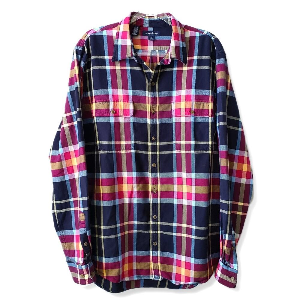 Lands End Men Plaid Flannel Shirt L Tall 16 Classic Button Preppy Gorp Outdoors